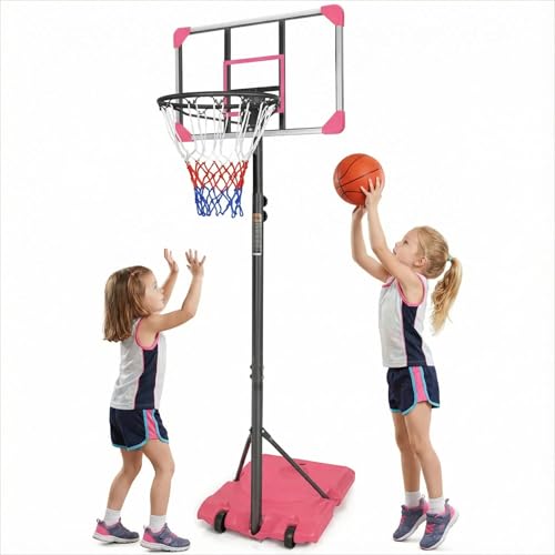 Portable Basketball Hoop for Kids and Adults with Adjustable Height 5.6 to 7 Feet, 28 Inch Shatterproof Backboard, Indoor Outdoor Use - color: Pink + Iron + Sporty