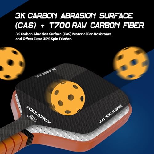 Carbon Fiber Pickleball Paddle, 3K Carbon Abrasion Surface (CAS) for Spin Friction with 16MM Honeycomb Core Pickleball Paddle, T700 Raw Carbon Fiber for Power & Consistency, USAPA Approved