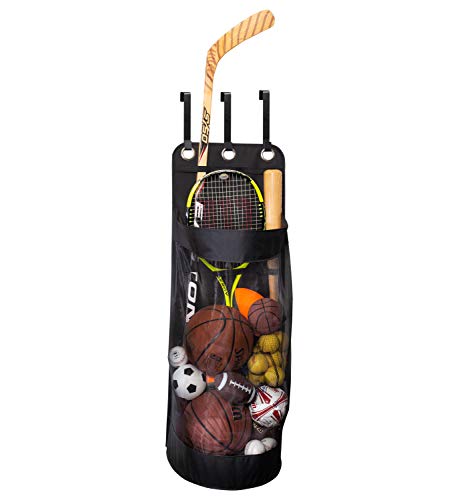 Hanging Sports Equipment Organizer with Hooks, Black Mesh, 16 in W x 43 in H x 12 in D