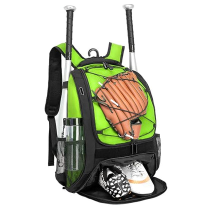 DAFISKY Baseball Bag Softball Backpack - Youth Adult T Ball Bat Equipment Bag with Bat Helmet Holders, Shoe Compartment - color: Green