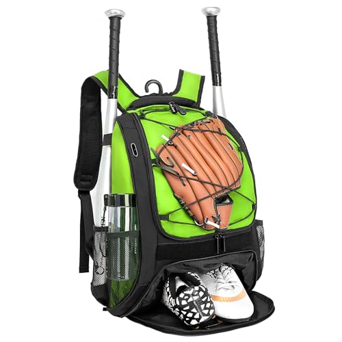 DAFISKY Baseball Bag Softball Backpack - Youth Adult T Ball Bat Equipment Bag with Bat Helmet Holders, Shoe Compartment - color: Green