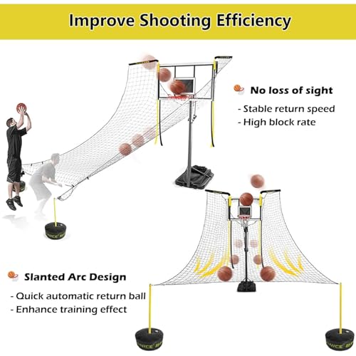 Large Basketball Return Attachment for Hoop, Ball Shot Trainer with 16x16ft Net, Automatic Ball Rebounder 90° Rotatable, Rebound Netting for Yard Home & Residential Use