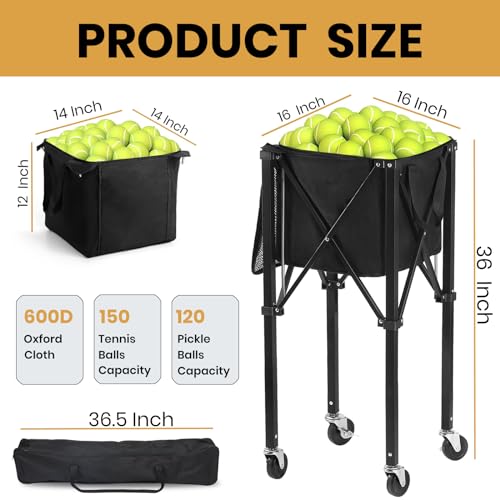Tennis Ball Hopper Pickleball Removable Waterproof Basket with Carry Bag, Wheel Locks for Tennis Coaches Players Schools Clubs, Tennis Court Equipment/Accessory (165 Balls Capacity)