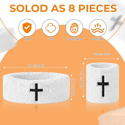 8 Pack Cross Embroidered Wrist Bands Bicep Bands Moisture Wicking, Machine Washable for Sports Stay Dry, Show Faith During Basketball, Football, Baseball, Gym, Running - color: White