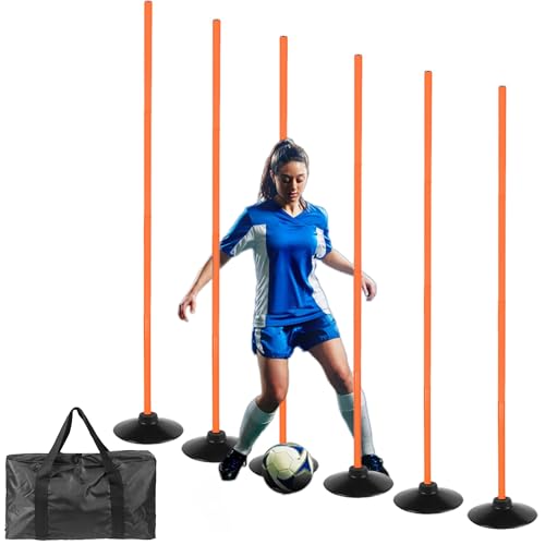 6 Pcs 5 FT Adjustable Agility Training Poles for Soccer,Basketball,Football, Horse,Dog-Speed and Agility Training Equipment Sports Training Poles with Rubber Bases and Bag - color: orange
