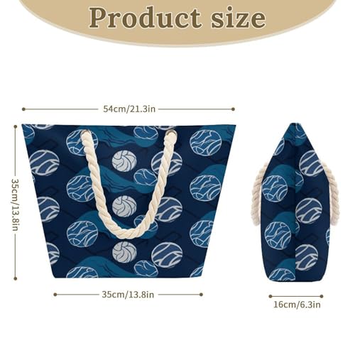 Blue Volleyball Handbag Large Capacity,Beach Bags with Hemp Rope Handles,Shoulder Bag with Zipper Compartments for Travel, Work, Gym