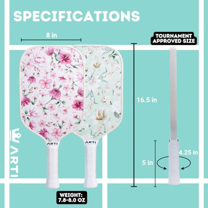 ARTI Pickleball Paddles Set of 2-USAPA Approved Fiberglass Surface Pickleball Set,2 Pickleball Rackets, 4 Balls and 1 Portable Carry Bag - color: Flower Pink And Green