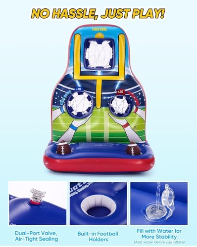 Inflatable Football Toss Pool Games Set, Football Target for Kids Age 8-12, Teens, Adults, Family, with 4 Water Footballs & 2 Pumps, Summer Swimming Pool Toys for Party, Beach, Lawn, Indoor/Outdoor
