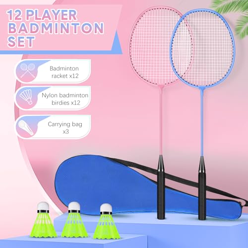 12 Pack Badminton Rackets Set Including Badminton Racquets, Nylon Shuttlecocks and Carry Bag for Outdoor Backyard Games Beginners - color: Light Pink, Light Blue