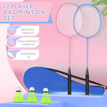 12 Pack Badminton Rackets Set Including Badminton Racquets, Nylon Shuttlecocks and Carry Bag for Outdoor Backyard Games Beginners - color: Light Pink, Light Blue