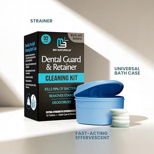 Retainer Cleaner and Soak Container, No-Mess Cleaning Tablets with Universal Denture Bath Case and Strainer, Multipurpose, for Mouth Guard Stains, Odor, and Plaque (92 Tablets + 1 Bath) by M3 - size: Dental Cleaning Kit (1 Count)