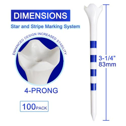 Golf Tees3 1/4" -100 Pack, Plastic Golf tees 3 1/4 inch 4-Prong Long Plastic Tees – Reduce Friction&Side Spin,Enhanced Durability & Stability,Also able to Work with a Variety of Drivers, hybrids.