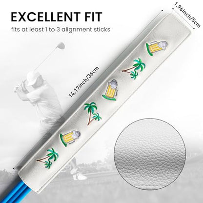 FINGER TEN Golf Alignment Stick Cover Headcover Rods Holder Case Leather 14''× 2'' in USA Black White Green Hold At Least 2 Sticks - color: Palm Tree Beer