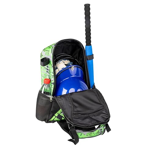 Youth Baseball Bat Bag Backpack, T-Ball & Softball Equipment Gear for Youth with Fence Hook, Lightweight Baseball Bat Backpack, Large Main Compartment for Helmet - color: Green