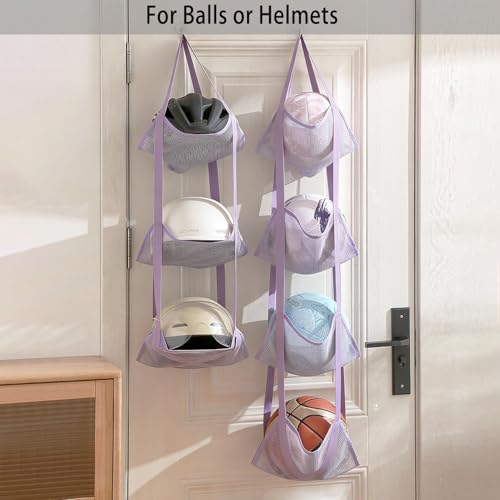 4-Tier Mesh Ball Storage Net Rack Organizer, Door or Wall-Mounted Vertical Ball Holder for Basketball, Soccer, Volleyball, Football, Space-Saving Sports Organizer for Garage, Home, Basement (Grey)
