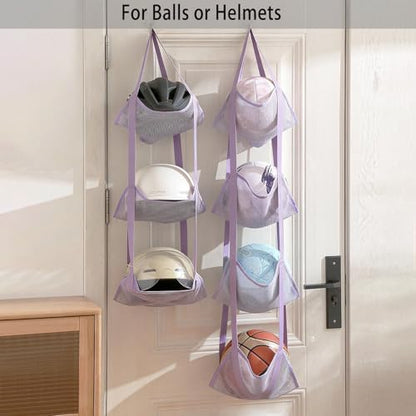 4-Tier Mesh Ball Storage Net Rack Organizer, Door or Wall-Mounted Vertical Ball Holder for Basketball, Soccer, Volleyball, Football, Space-Saving Sports Organizer for Garage, Home, Basement (Grey)