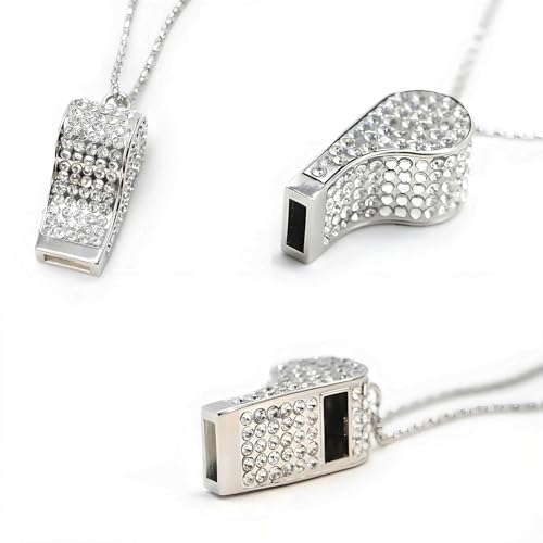 Metal Rhinestone Lanyard Whistle Bling Crystal Loud Sound with Chain Whistle for Coaches, Referee, Teachers, Police, Lifeguard, Emergency, Sports, Adults (Silver)