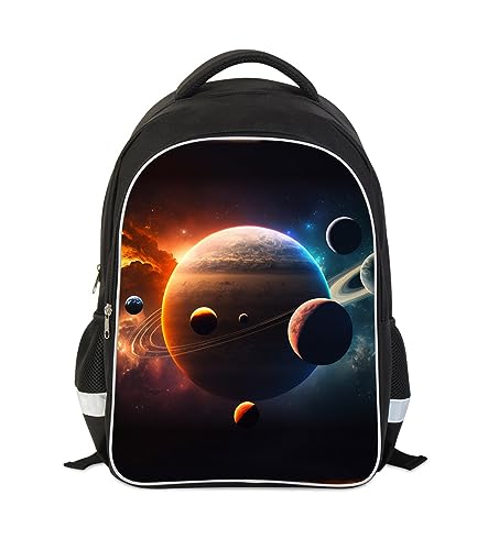 Solar System Planets Stars Space Kids Backpack, Galaxy School Bookbag for Boys and Girls, Polyester, 17 Inches Back Pack, Giftable, Bottle Holders, Tablet Compartment - color: B1-bookbag-outer Space