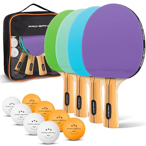PRO-SPIN Ping Pong Paddles - High-Performance Set with Premium Table Tennis Rackets, 3-Star Ping Pong Balls, Compact Storage Case | Professional Quality Ping Pong Paddle Set | Indoor & Outdoor Games - color: 4-Player Set | Purple/Blue/Mint/Green