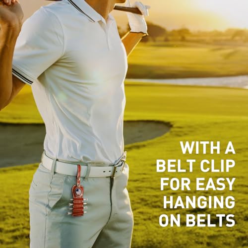 VEASAERS Golf Tee Holder with USA Ball Marker 4 Pcs White Wood Tees, Portable Hold Different Tee Leather Gift Hook Hanging Clip to Golf Bag Belt - color: Brown