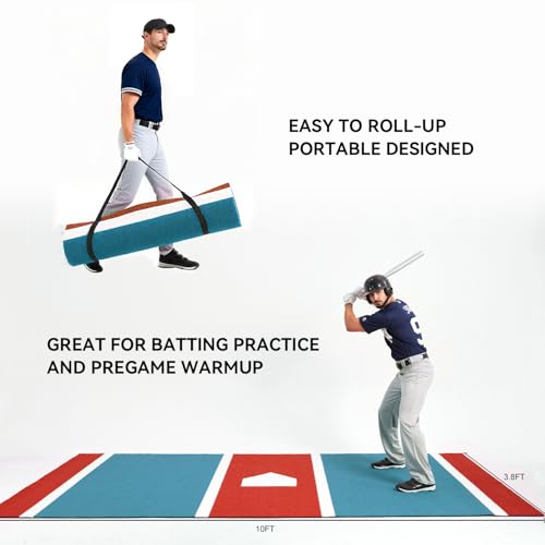 GSK Baseball Hitting Mat Red Blue 6x12 FT |3.8x10 FT Dual Color Turf Batting Practice Mats Batters Box EVA Foam Non-Slip Backing Roll-Up Home Plate Mat Training Softball Coach Teaching - size: 3.8FT×10FT