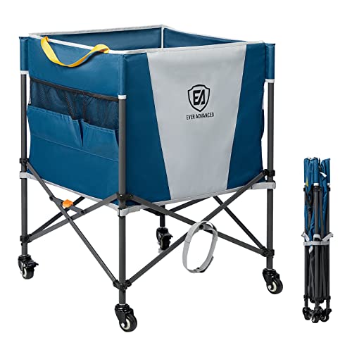 EVER ADVANCED Rolling Ball Storage Cart Lockable Wheels, 33x22.8in/45x25in Collapsible Garage Sports Equipment Organizer for Volleyball Basketball Tennis Toy Storage Multi-Sport Family Gym - color: Blue