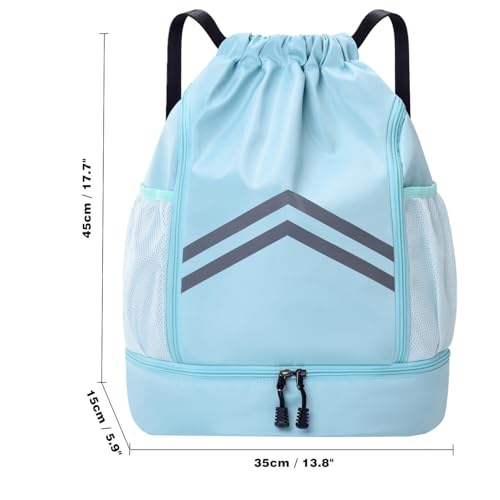 Drawstring Backpack - Water Resistant Gym Drawstring Bags with Shoes Compartment and Water Bottle Holder Pockets - String Cinch Bag - Draw String Back Pack for Men and Women (Light Blue) - color: Light Blue