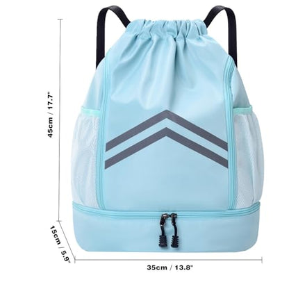 Drawstring Backpack - Water Resistant Gym Drawstring Bags with Shoes Compartment and Water Bottle Holder Pockets - String Cinch Bag - Draw String Back Pack for Men and Women (Light Blue) - color: Light Blue