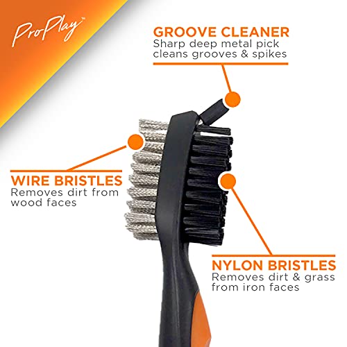 ProPlay Golf Club Brush and Groove Cleaner - Retractable Zip-line Aluminum Carabiner | Lightweight and Ergonomic Design | Easily Attaches to Golf Bag - color: Orange