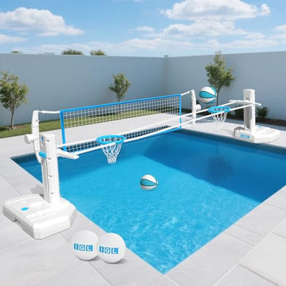 IGL Pool Volleyball Net & Pool Basketball Hoop 2 in 1, Height Adjustable Volleyball Net for Pool, Poolside Basketball Hoop with Fillable Base & Stand, Includes 4 Balls & Pump - size: 2 In 1 Set