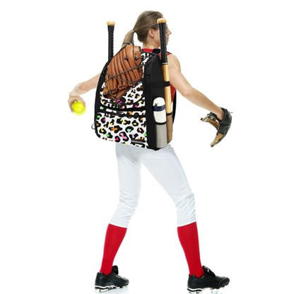 Youth Softball Equipment Bag with Vented Shoe Compartment, Baseball Bat Bag, Fence Hook, for Batting Mitten, Helmet, Teeball Gear, Adult Boys Girls Kids - color: Color Leopard