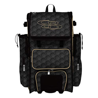 Boombah Rolling Superpack 2.0 3DHC Baseball/Softball Gear Bag - 23-1/2" x 13-1/2" x 9-1/2" - Multiple Colors - Telescopic Handle and Holds 4 Bats - Wheeled Version - color: Black/Vegas Gold