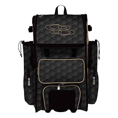 Boombah Rolling Superpack 2.0 3DHC Baseball/Softball Gear Bag - 23-1/2" x 13-1/2" x 9-1/2" - Multiple Colors - Telescopic Handle and Holds 4 Bats - Wheeled Version - color: Black/Vegas Gold
