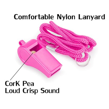 12 Pack Pink Loud 120dB Plastic Whistles with Lanyard – High-Pitched Safety Whistle for Sports, Coaching, and Collective Entertainment