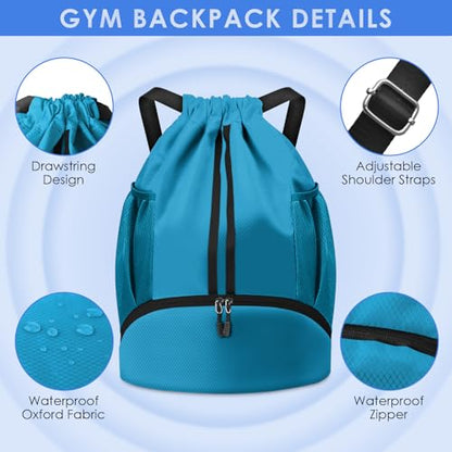 BROTOU Soccer Bags, Football Backpack, Volleyball Bag, Drawstring Backpack with Ball and Shoe Compartment, Football bags for Equipment Swim Gym Bag - color: Lake Blue