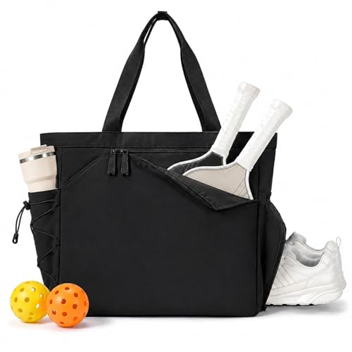 Pickleball Bag for Women Men, Large Pickleball Tote Holds 2-4 Rackets, Pickleball Bags with Shoe Compartment & Water Bottle Pocket, Pickleball Gifts, Water-Resistant & Lightweight - color: Black