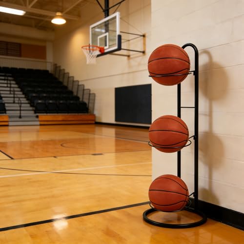 3 Tier Ball Storage Rack, Metal Freestanding Ball Display Holders Organizer Shelf, Garage Sports Equippment Stand, Black