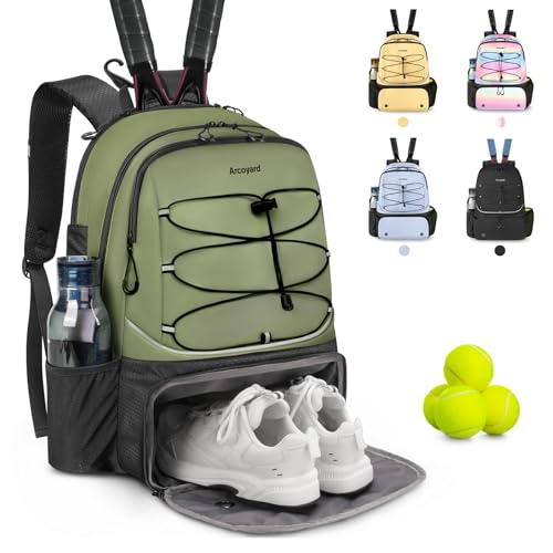 Arcoyard Tennis Bag Holds 2 Rackets, Professional Tennis Bags for Women, Tennis Backpack with Ventilated Shoe Compartment - color: Green