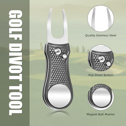 Mile High Life Golf Divot Repair Tool, All Metal Foldable Divot Tool with Pop-up Button & Magnetic Ball Marker - color: Gray Bone
