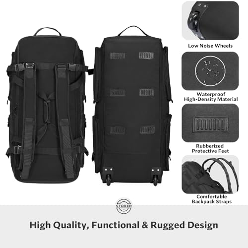 STOVER 45/80/100L U-Zip Rolling Duffel Bag with Wheels, X-Large Durable Travel Duffle + Toiletry Bag, Lay-Flat Opening, Packable w/Shoulder Straps- Use as Luggage or Backpack, Men/Women (Black) - color: U-Zip Black