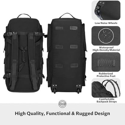 STOVER 45/80/100L U-Zip Rolling Duffel Bag with Wheels, X-Large Durable Travel Duffle + Toiletry Bag, Lay-Flat Opening, Packable w/Shoulder Straps- Use as Luggage or Backpack, Men/Women (Black) - color: U-Zip Black