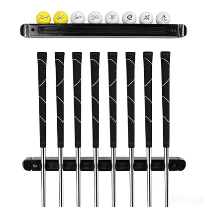 Wall-Mounted Golf Club Holder with Golf Ball Display Holder, 8 Clips Wooden Club Rack for Golfers & Collectors, Ideal Golf Accessories for Simulator, Garage, and Sports Room Wall Display