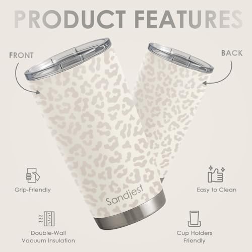SANDJEST Leopard Print Tumbler 20oz Stainless Steel Insulated, Beige Leopard Travel Coffee Cup, Bow Gifts for Women Girls Teen, Birthday Christmas - color: Beige Leopard