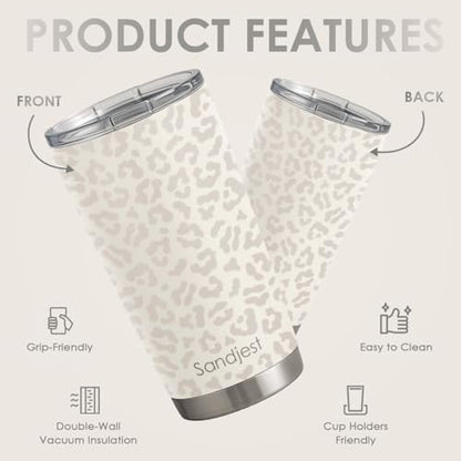 SANDJEST Leopard Print Tumbler 20oz Stainless Steel Insulated, Beige Leopard Travel Coffee Cup, Bow Gifts for Women Girls Teen, Birthday Christmas - color: Beige Leopard