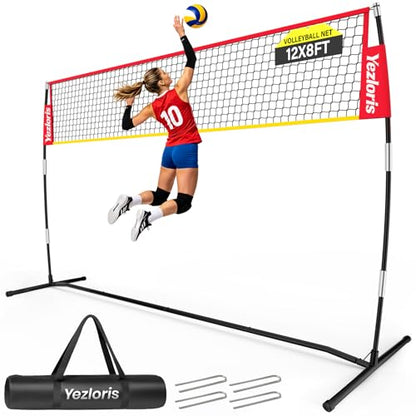 12ft Freestanding Volleyball Net – Height Adjustable 7.4ft/8ft for Men & Women, Durable Fiberglass Poles, 4-Minute Quick Setup – Includes Carry Bag & Stakes for Backyard, Gym, Beach