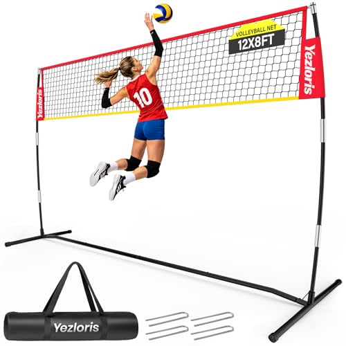 12ft Freestanding Volleyball Net – Height Adjustable 7.4ft/8ft for Men & Women, Durable Fiberglass Poles, 4-Minute Quick Setup – Includes Carry Bag & Stakes for Backyard, Gym, Beach