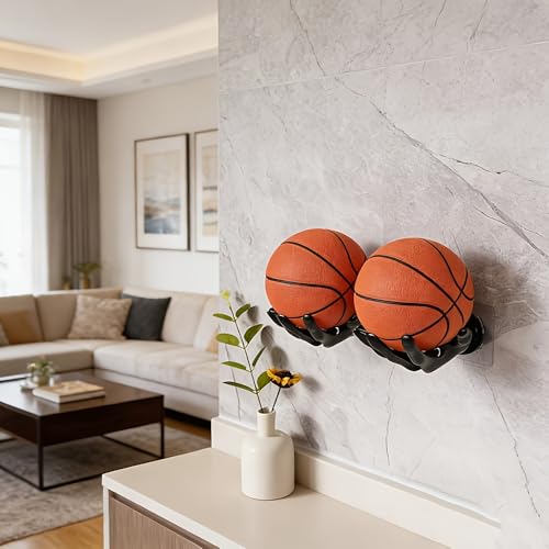 Ball Holder Wall Mount, No-Drill Storage Rack for Basketball, Soccer, Volleyball, Sports Ball Display Organizer, 1 Pack (Black)