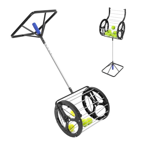 Tennis Ball Hopper, 80 Balls Capacity, Height Adjustable Tennis Ball Picker Upper, Rolling Collector Basket for Tennis Coaches and Players