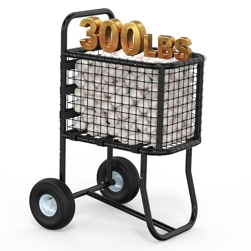 Baseball Cart with 10" Wheels - Large Capacity Ball Holder for Batting Cage & BP, Portable Softball Caddy Holds 300 Baseballs/150 Softballs, Heavy Duty Storage with Anti-Sag Strap (Black)
