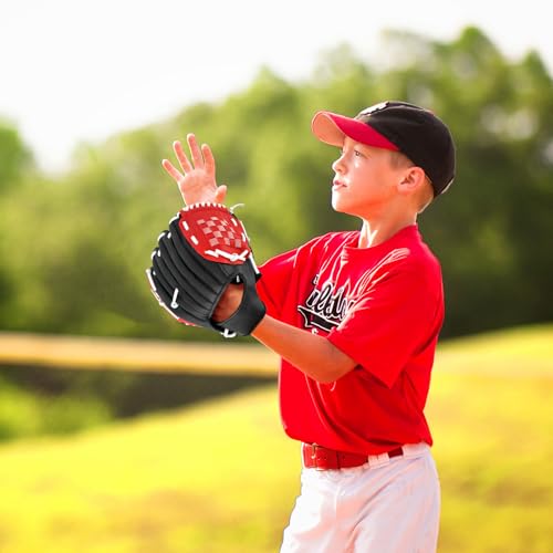 Baseball Glove + Ball Sets, Softball Glove, Baseball Mitt, 10.5''-12.5'' for Youth/Adult Training and Beginner Play, Synthetic Leather Softball Mitt - color: Black,Red, size: 10.5"